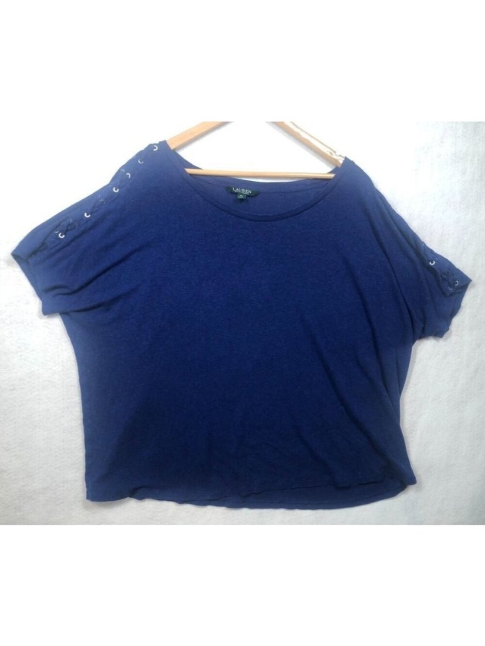 Lauren Ralph Lauren Linen Blend Top Shirt Royal Blue Tie Short Sleeves Womens 3X